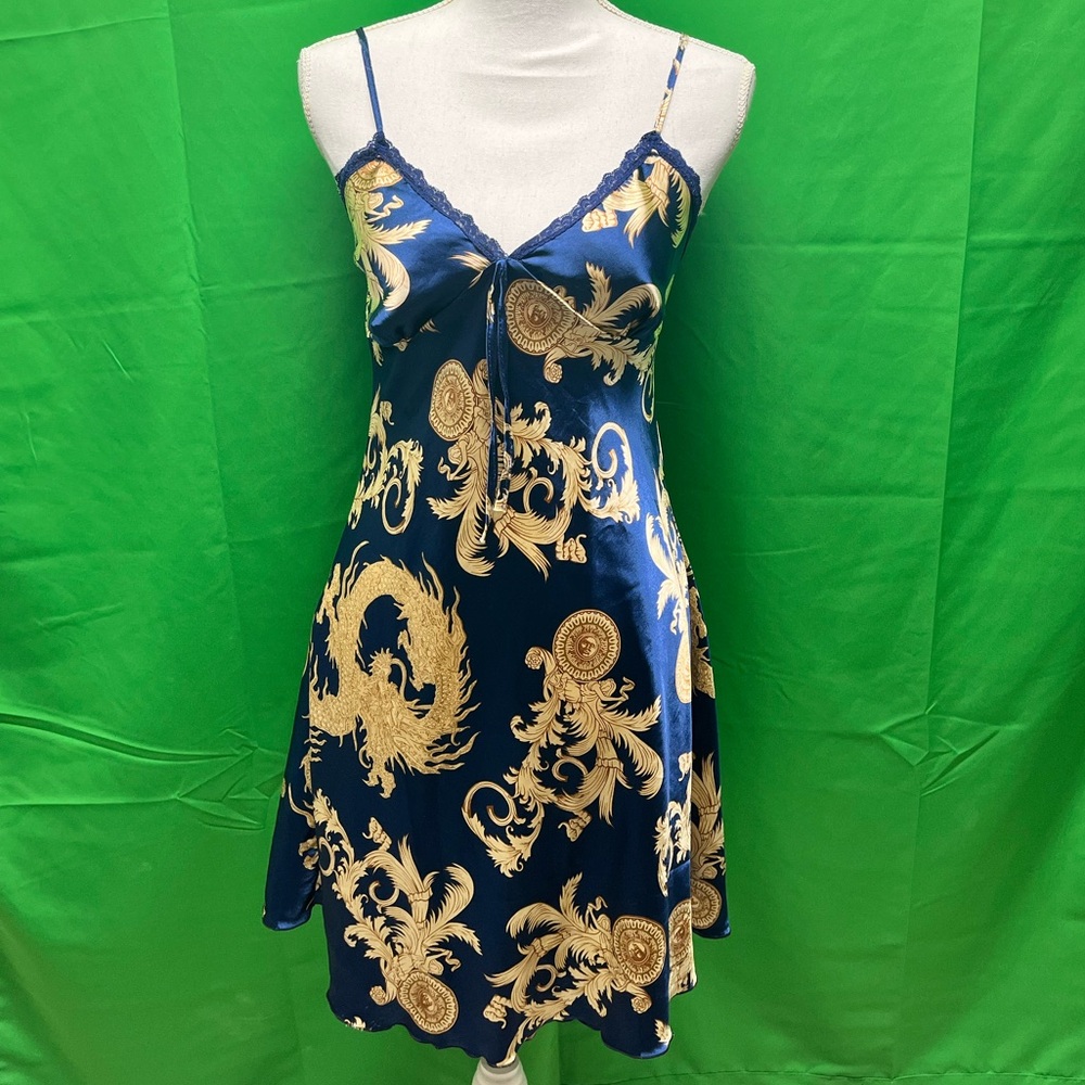Elegant Blue and Gold Slip Dress
